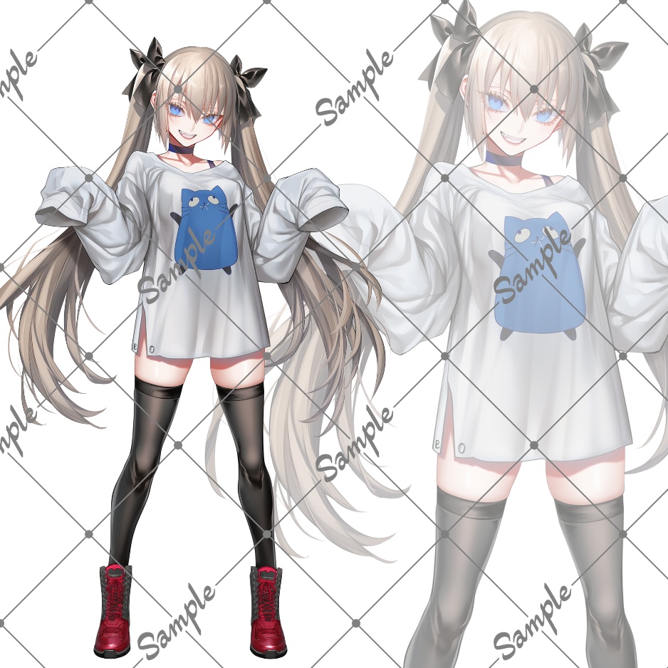 立ち絵素材No18_ブロンド髪_ツインテール_オーバーサイズTシャツ_女性