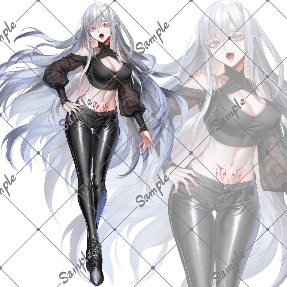 立ち絵素材No21_銀髪_ロングヘア_タトゥー_女性