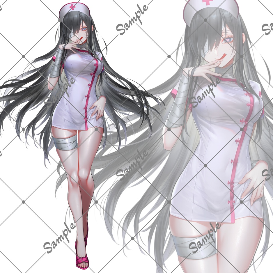 立ち絵素材No23_黒髪_ロングヘア_ナース服_女性