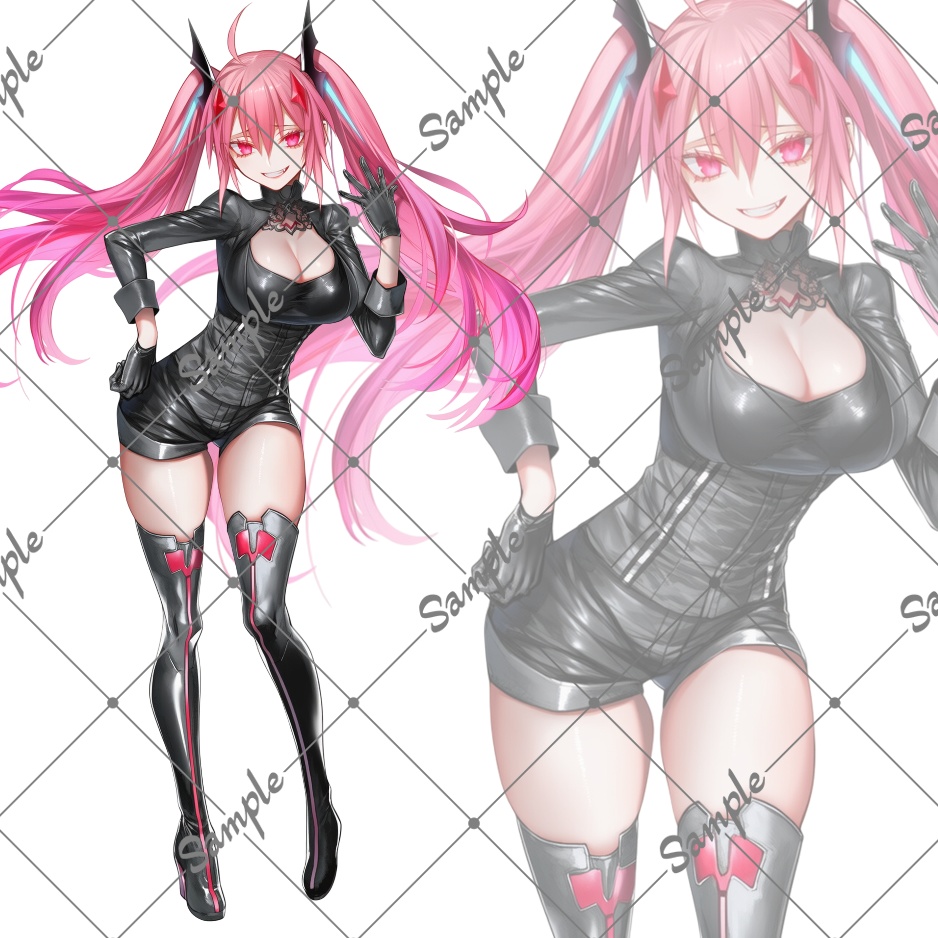 立ち絵素材No24_ピンク髪_ツインテール_黒レザー_女性