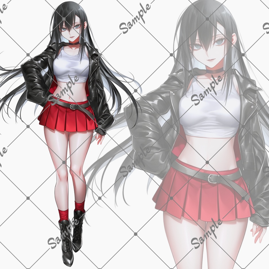 立ち絵素材No26_黒髪_ロングヘア_ストリートファッション・パンク風_女性