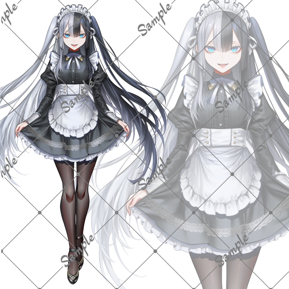 立ち絵素材No27_スプリットカラー_ツインテール_メイド服_女性