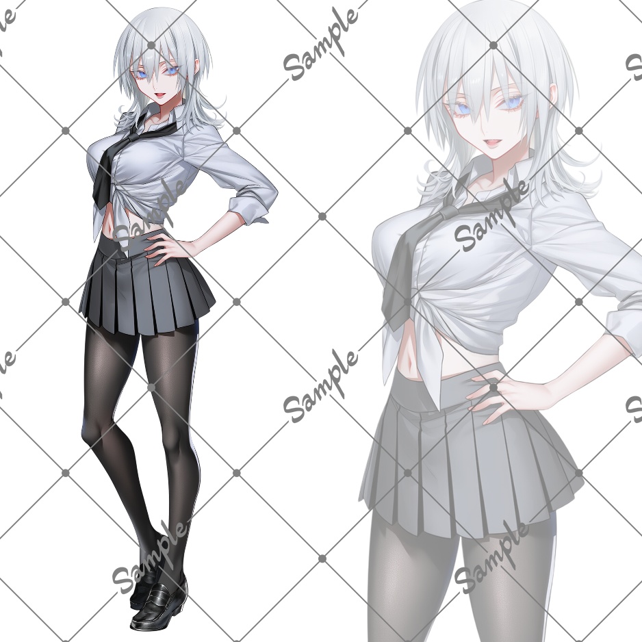 立ち絵素材No28_白髪_ウルフカット_制服_女性