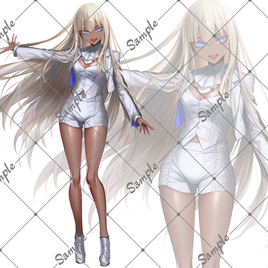 立ち絵素材No29_金髪_白スーツ_褐色肌_女性