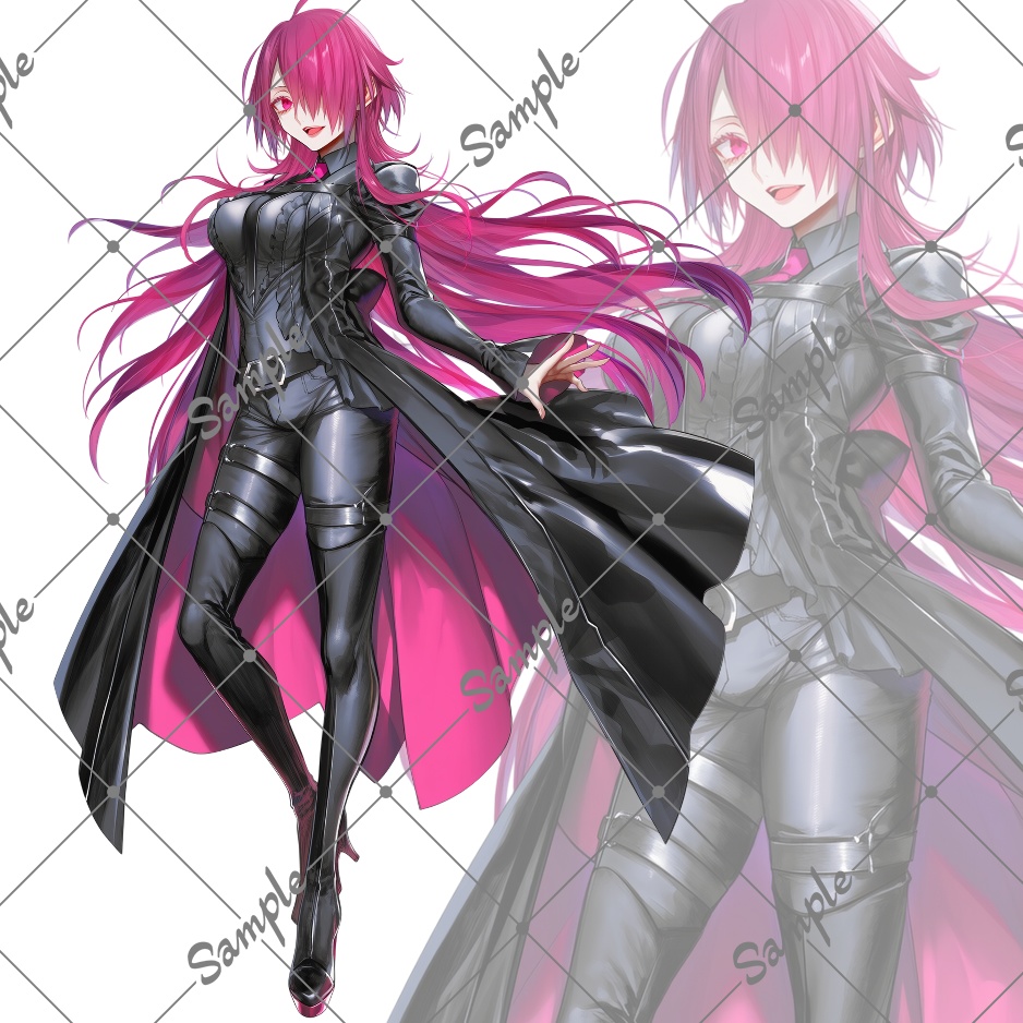 立ち絵素材No30__ピンク髪_片目隠れ_レザースーツ_ヴィラン・怪盗風_女性