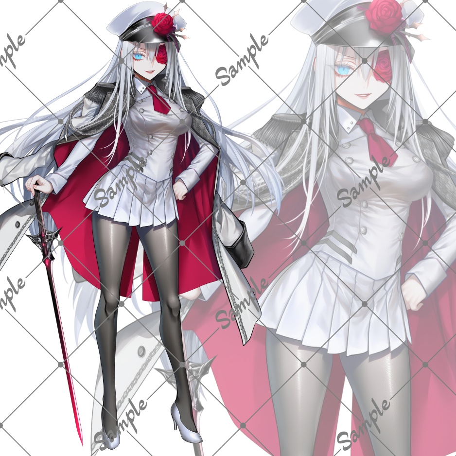 立ち絵素材No31_白髪_ロングヘア_眼帯_軍服_女性