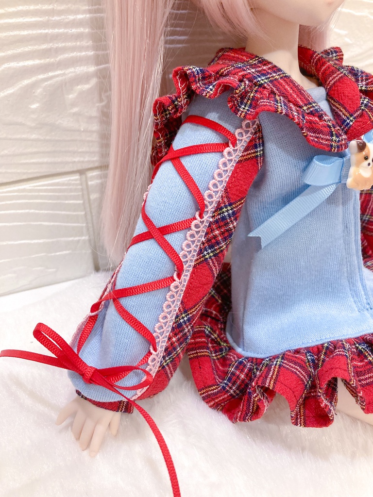 【即納】編み上げセーラー襟ワンピース 赤×みずいろ