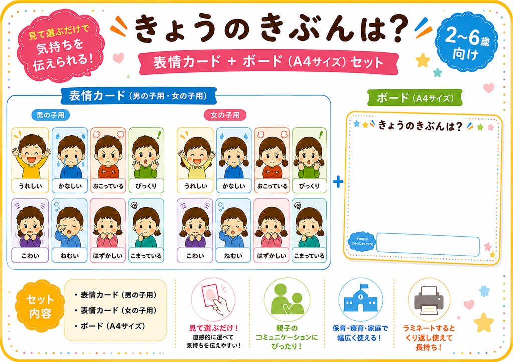 きょうのきぶんは？｜表情カード＋気分ボードセット｜療育・SST・保育向け｜A4印刷OK     見て選ぶだけで気持ちを伝えられる！