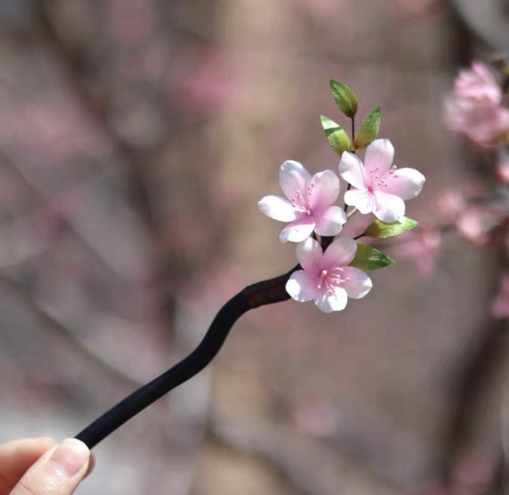 「人用」手作り絨花の桃簪 - 春のひとひら