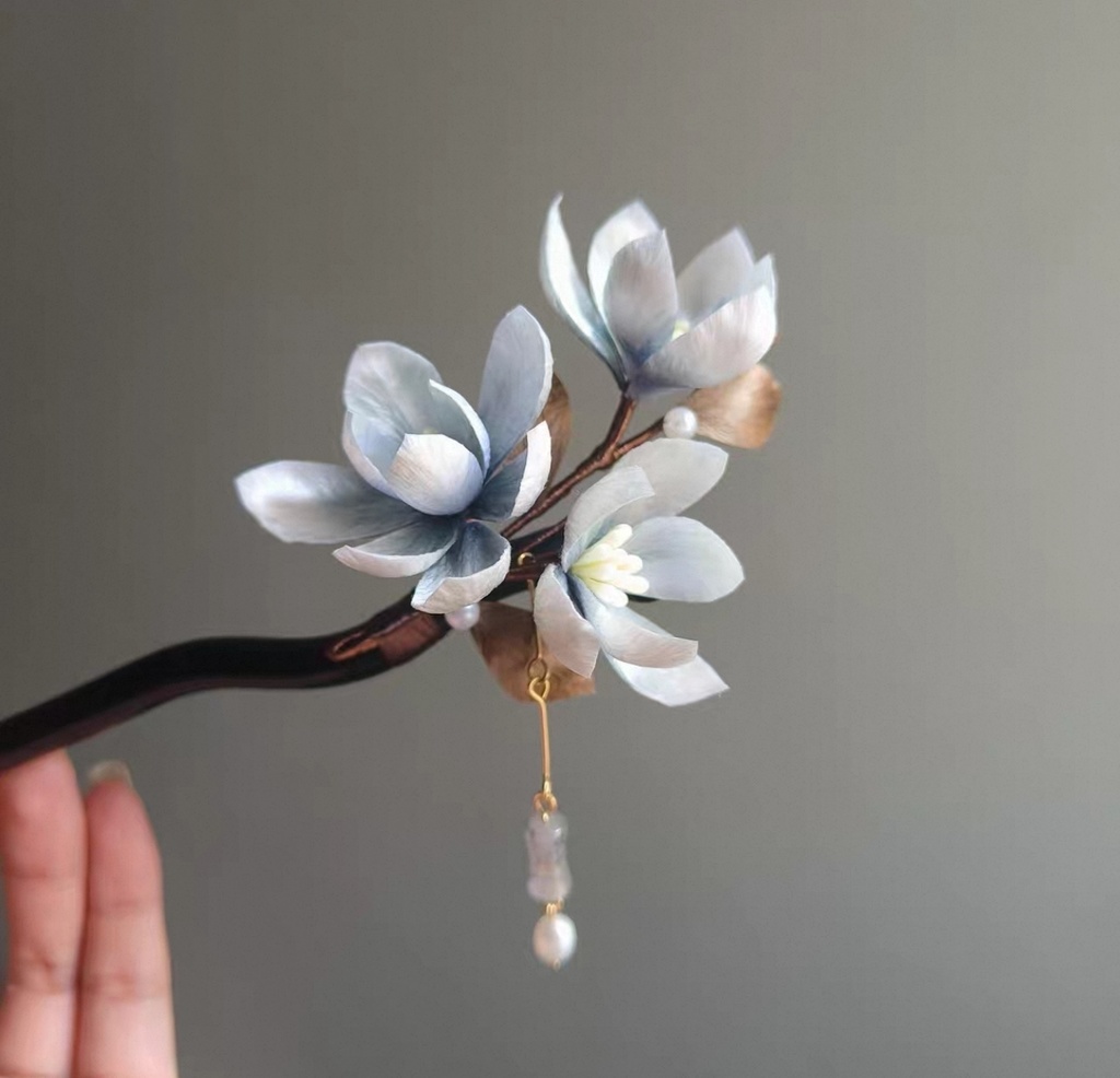 「人用」手作り絨花の簪 －空色の蘭 