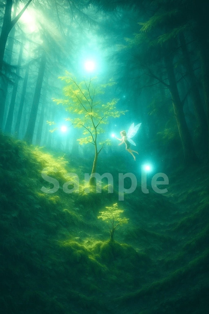 オーブと戯れる森の妖精｜ファンタジーアートイラスト