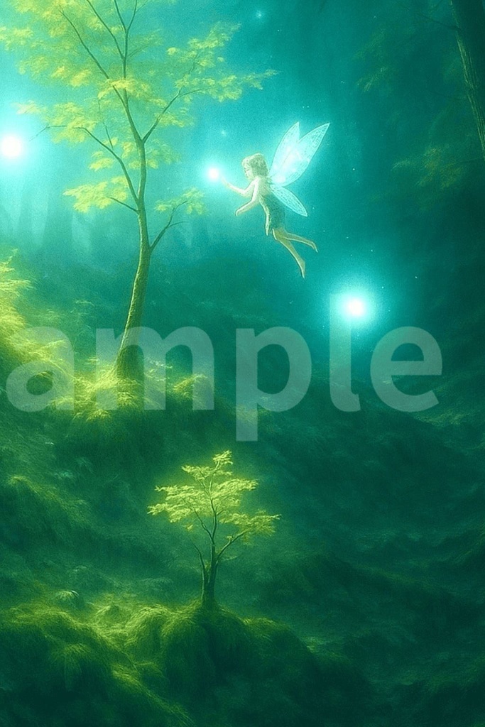 オーブと戯れる森の妖精|ファンタジーアートイラスト