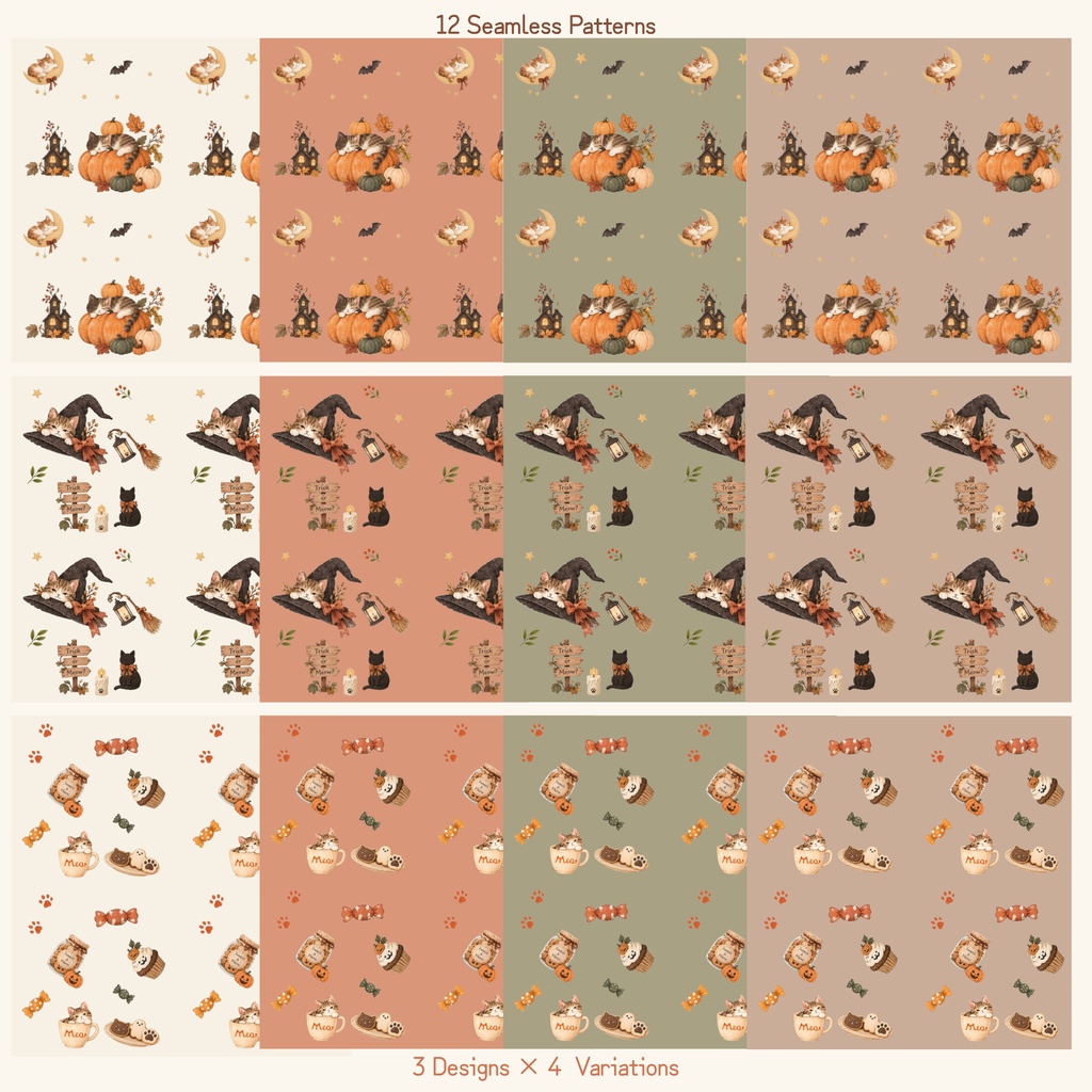 猫のシームレスデジタルペーパー|Halloween Cats Collection 02