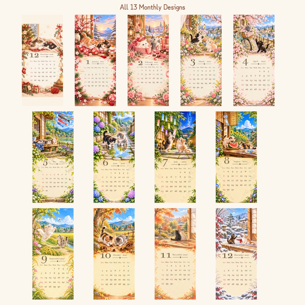 猫のスマホ壁紙カレンダー|2027 Cat Calendar(全13枚)