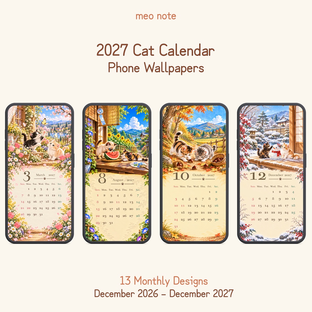 猫のスマホ壁紙カレンダー｜2027 Cat Calendar（全13枚）