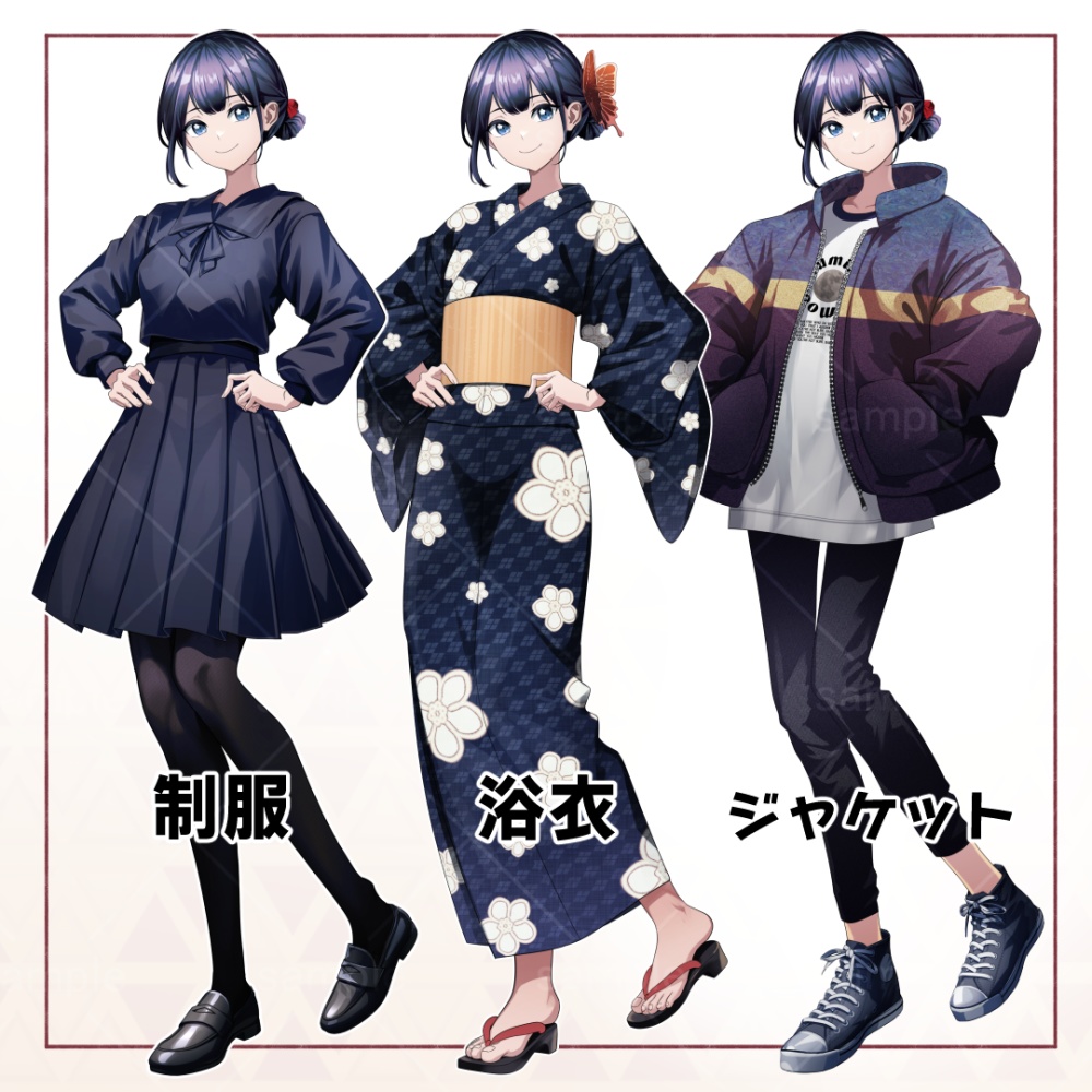 【無料有】黒髪女子高生_立ち絵素材【制服、浴衣、私服】