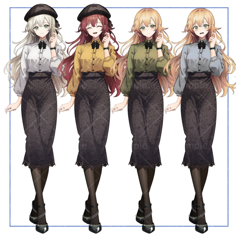 【無料有】ウェーブヘアの女性_立ち絵素材【ベレー帽、ブラウス】