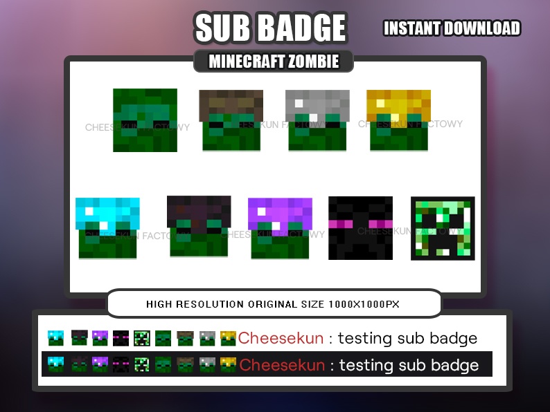 Minecraft Zombie Twitch Badge & Cheer, Emoji, Youtube, Discord