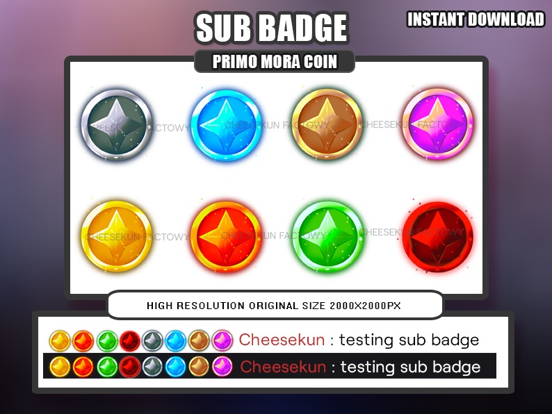 Genshin Impact Primo Gem, Mora Coin Twitch Sub & Cheer Badges Twitch, Youtube, Discord