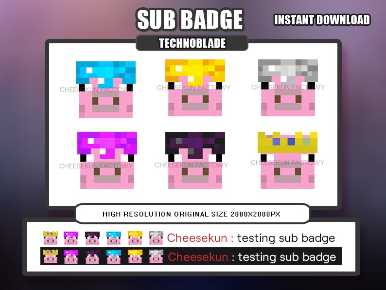 Technoblade Minecraft Pig Twitch Badge & Cheer, Emoji, Youtube, Discord