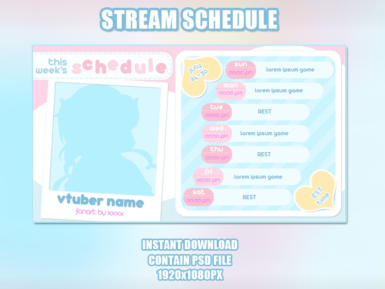 Pink Blue Stream Schedule Template for Vtuber, Stylish and beautiful スケジュール レイアウト