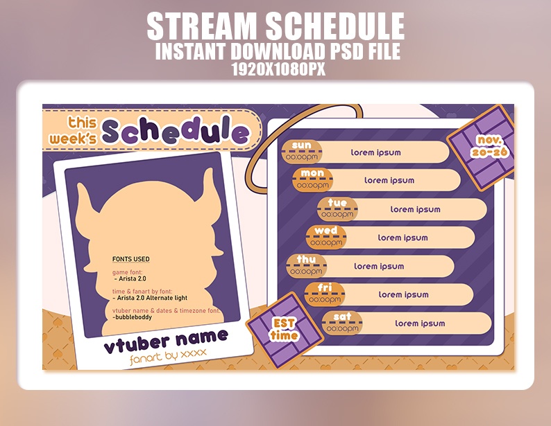 Violet Orange Stream Schedule Template for Vtuber , Anime Layout