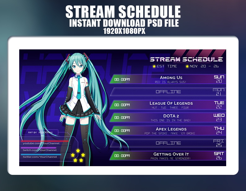 Futuristic Stream Schedule Template for Vtuber, 5 in 1 blue, green, orange, violet, red スケジュール レイアウト