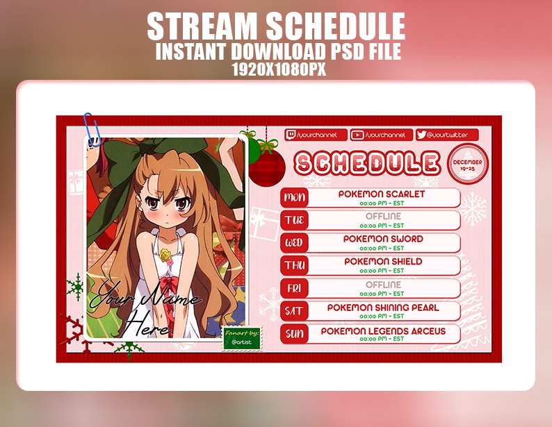 Christmas Stream Schedule Template for Anime and Vtuber Style, Xmas スケジュール レイアウト