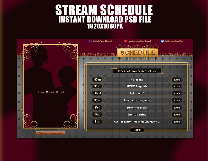 Royal Design Stream Schedule Template for Streamers and Vtubers, Red スケジュール レイアウト