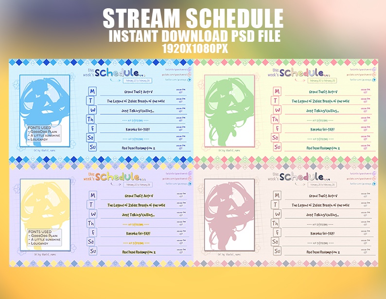 Picnic cozy yellow violet brown blue 4 in 1 stream schedule layout template スケジュール レイアウト