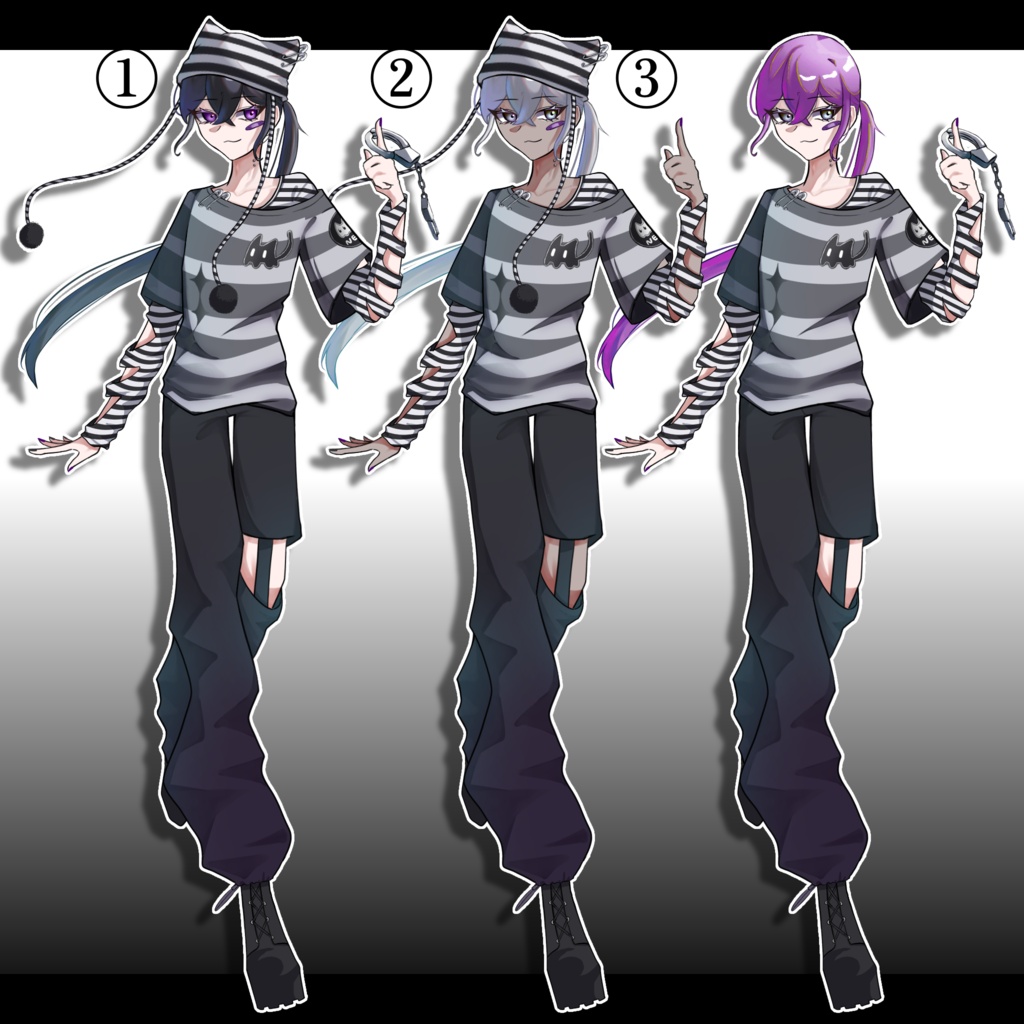 【無料版有】立ち絵素材02_色三種_男_男の娘_囚人_黒髪_白髪_紫髪