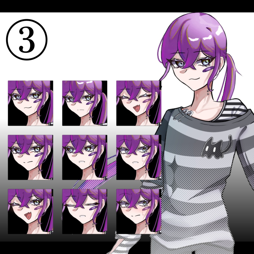 【無料版有】立ち絵素材02_色三種_男_男の娘_囚人_黒髪_白髪_紫髪