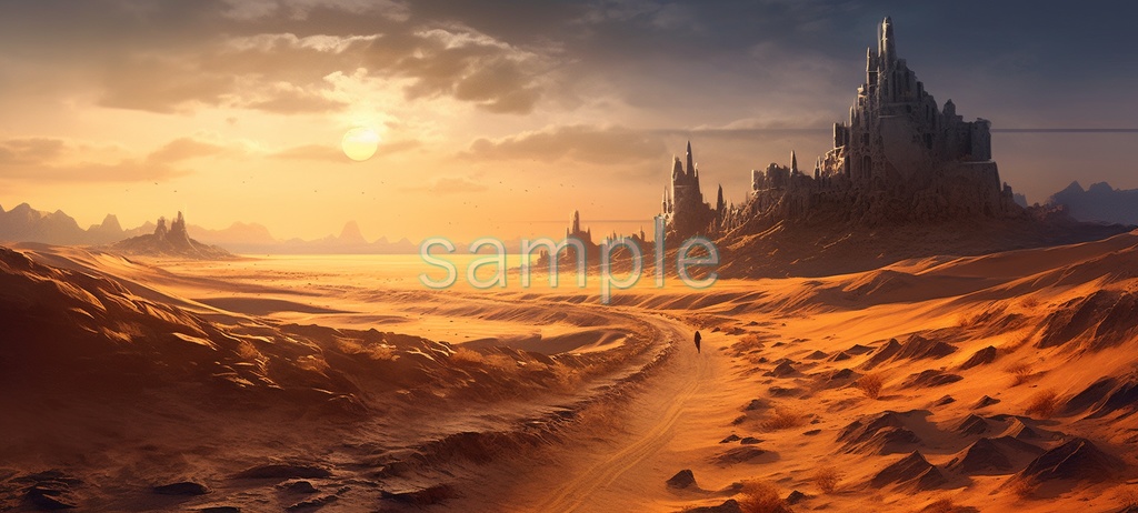 【背景素材】砂漠、遠くに城が見える3種（ファンタジー）［004］