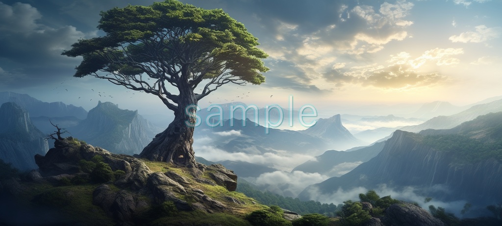 【背景素材】山の上の大きな木3種（ファンタジー）［010］