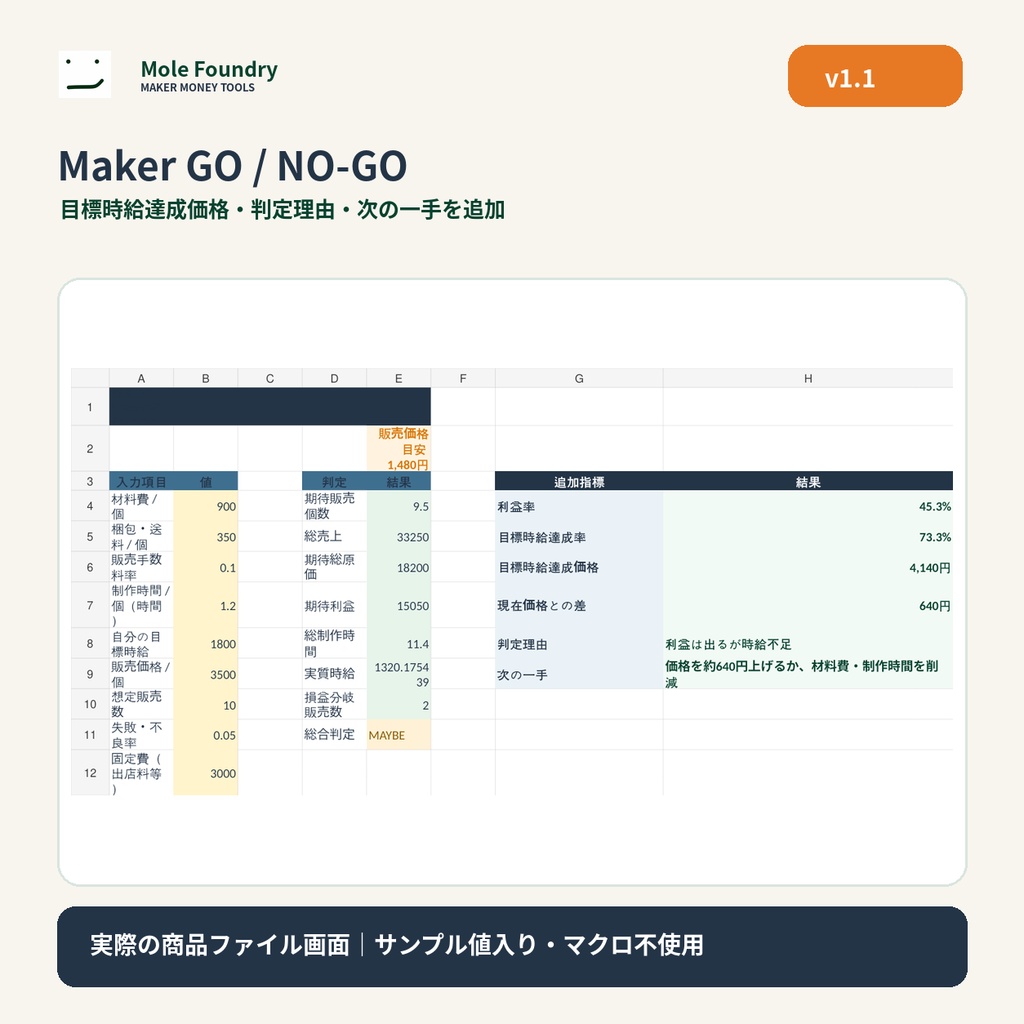 作る? Maker GO / NO-GO|作る前の採算・利益・時給判定【Excel / Googleスプレッドシート】