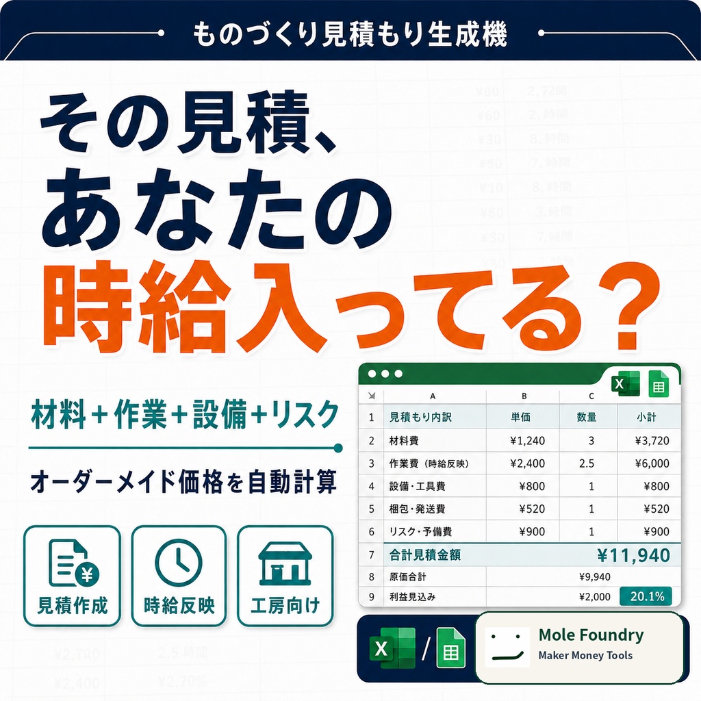 ものづくり見積もり生成機｜材料・作業時間・設備・リスクから価格計算【Excel】