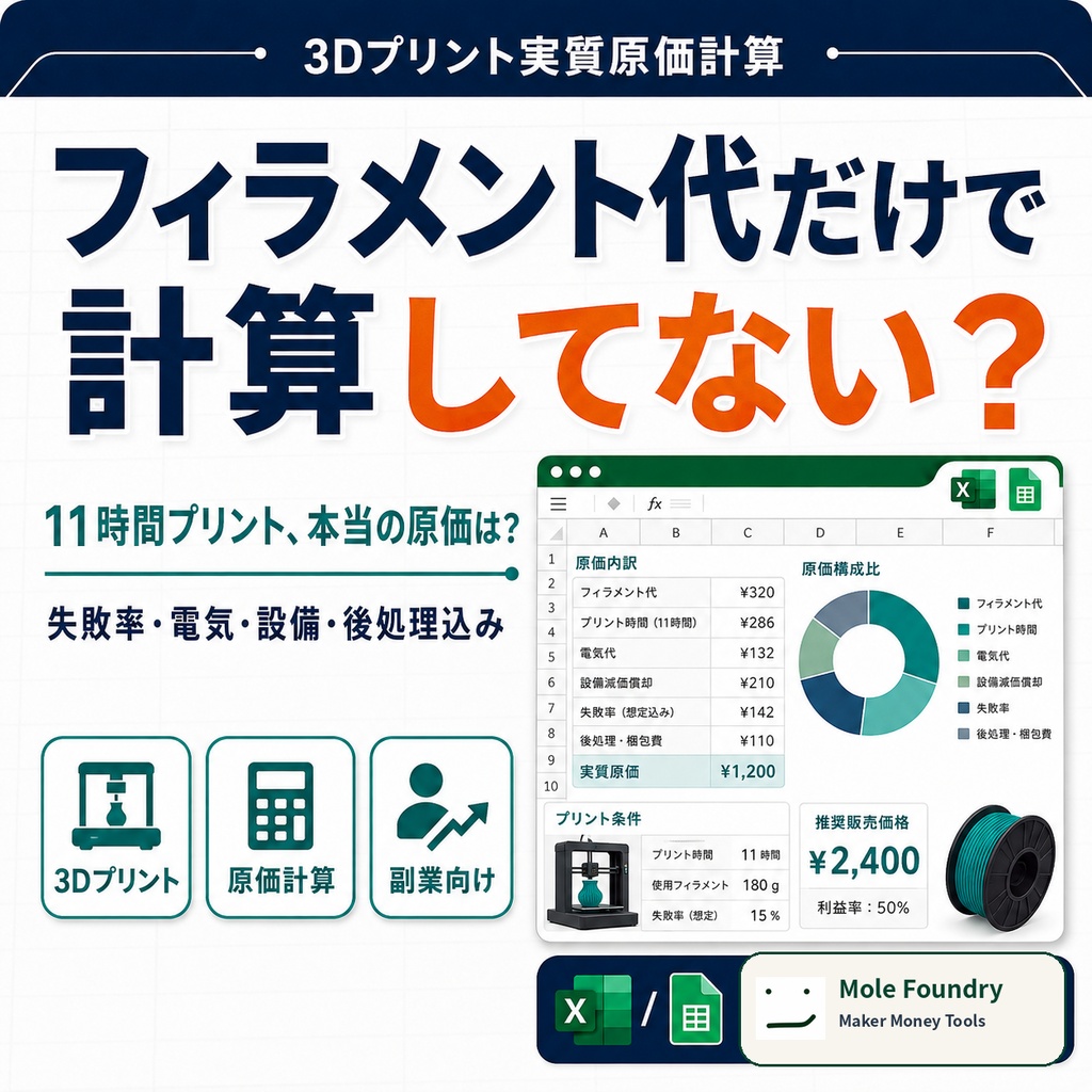 3Dプリント実質原価計算|失敗率・設備償却・後処理込みの価格設定【Excel】