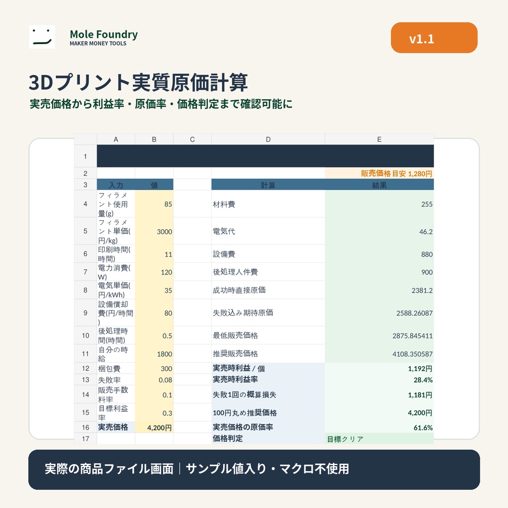 3Dプリント実質原価計算|失敗率・設備償却・後処理込みの価格設定【Excel】