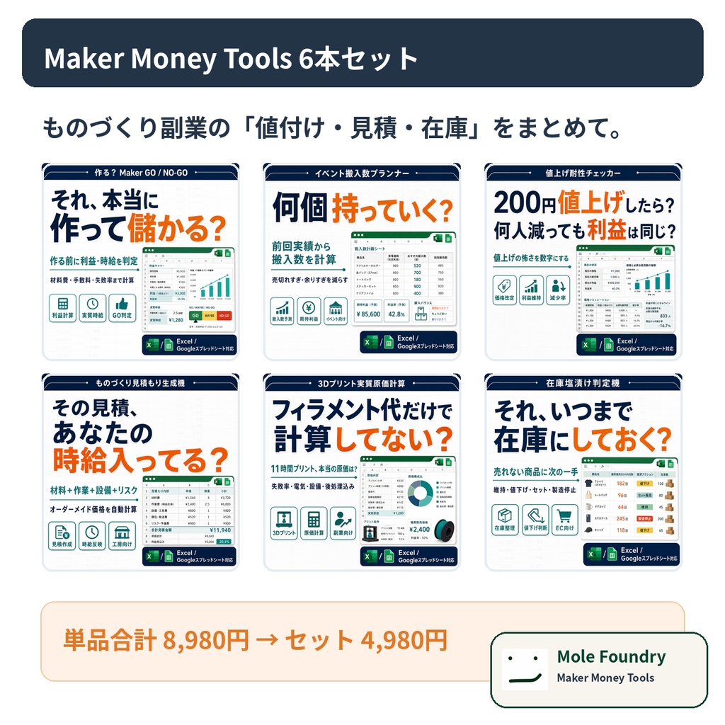 Maker Money Tools|ものづくり採算・値付け 6本セット
