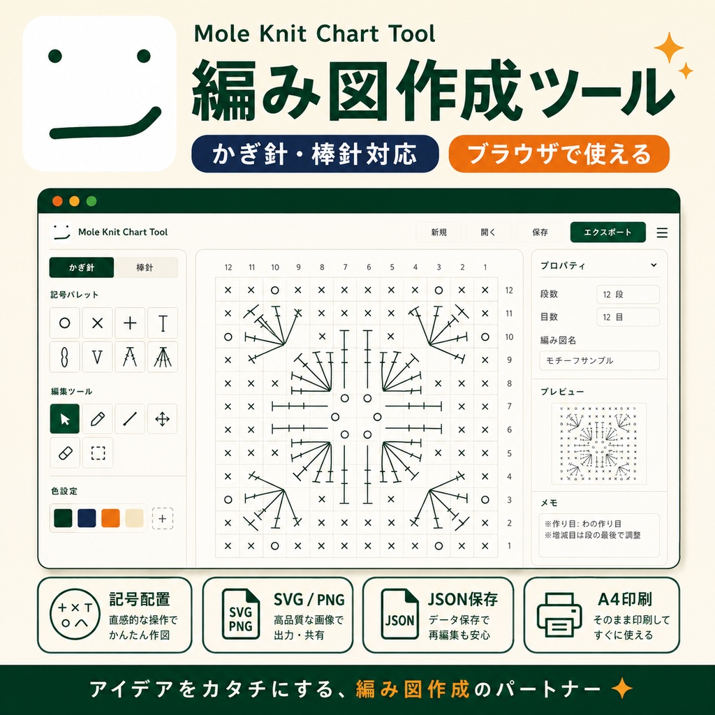 Mole Knit Chart Tool｜かぎ針・棒針 編み図作成ツール【ブラウザ / SVG・PNG出力】