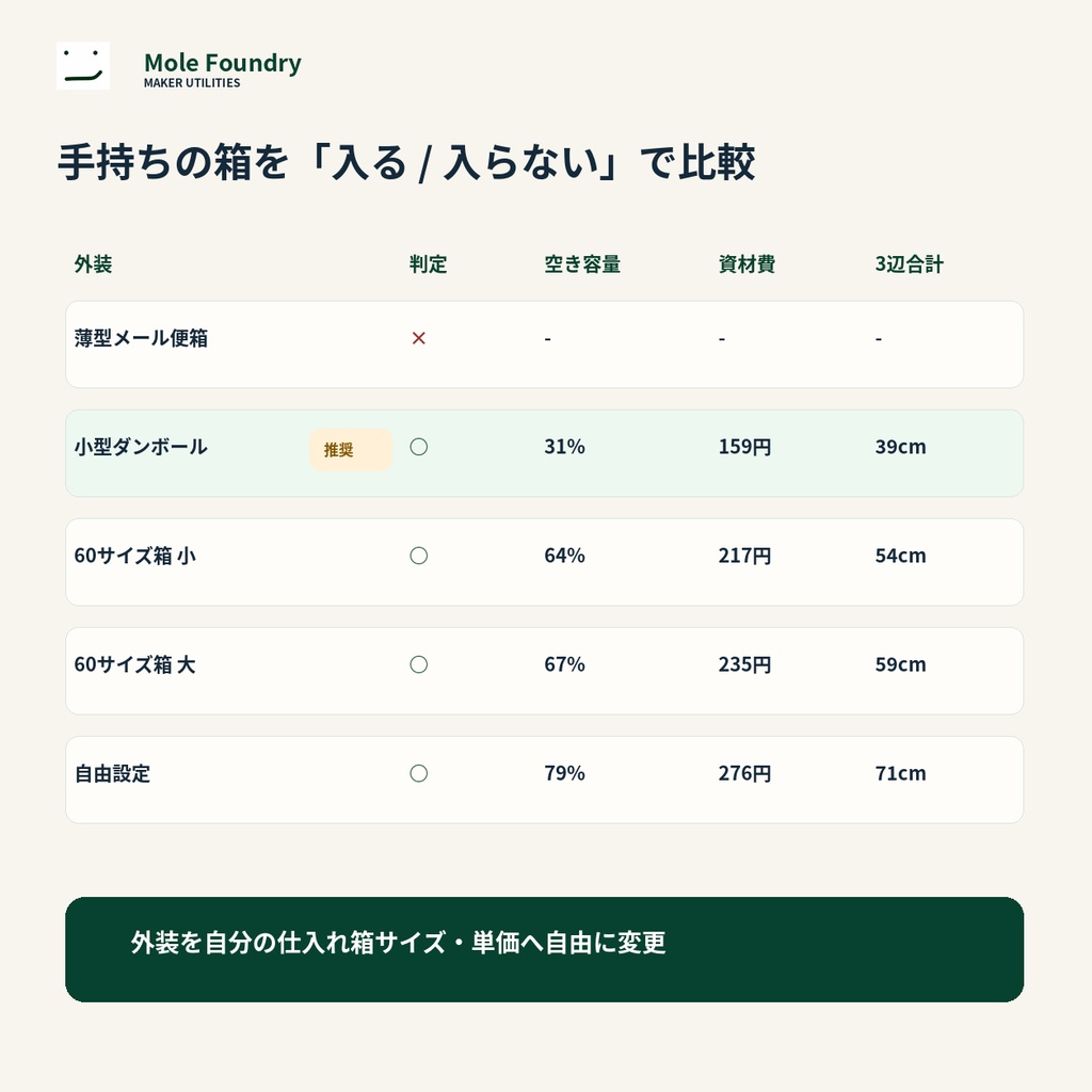 Mole Packaging Planner|梱包サイズ・箱選び・梱包材原価計算ツール【ハンドメイド物販】