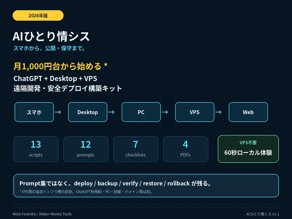 AIひとり情シス｜スマホ→PC→VPS 遠隔開発・自動デプロイ構築キット【2026年版】