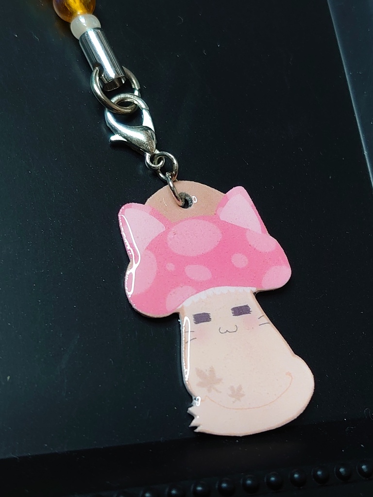 秋のキノコ猫ストラップ(桃)