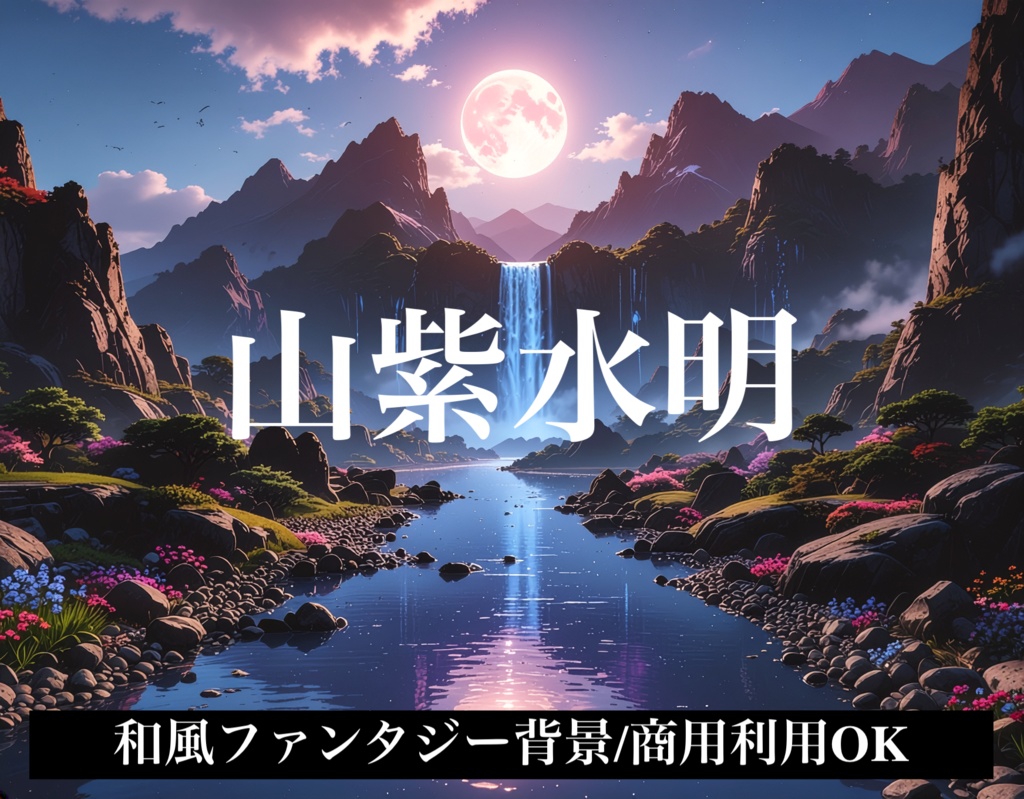 和風ファンタジー背景 「山紫水明」 高解像度アート素材（商用利用OK）