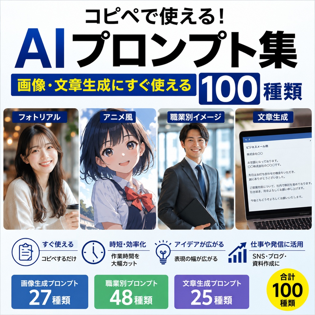 【100種類収録】コピペで使える画像・文章生成AIプロンプト大全|職業別48例・SNS・ブログ・ビジネス対応