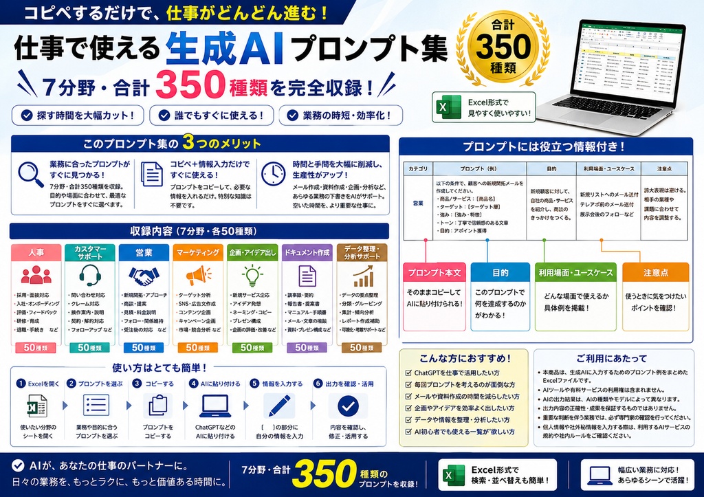 【350種類収録】仕事で使える生成AIプロンプト大全|人事・営業・マーケティング・企画・資料作成・顧客対応・データ整理
