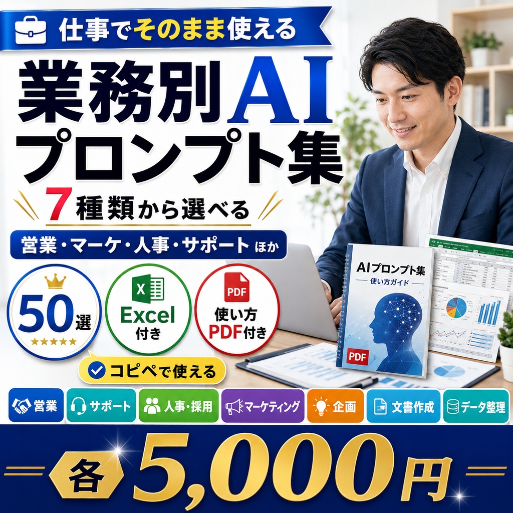 業務別AIプロンプト集50選|営業・マーケティング・人事・サポートなど7種類【Excel+使い方PDF】