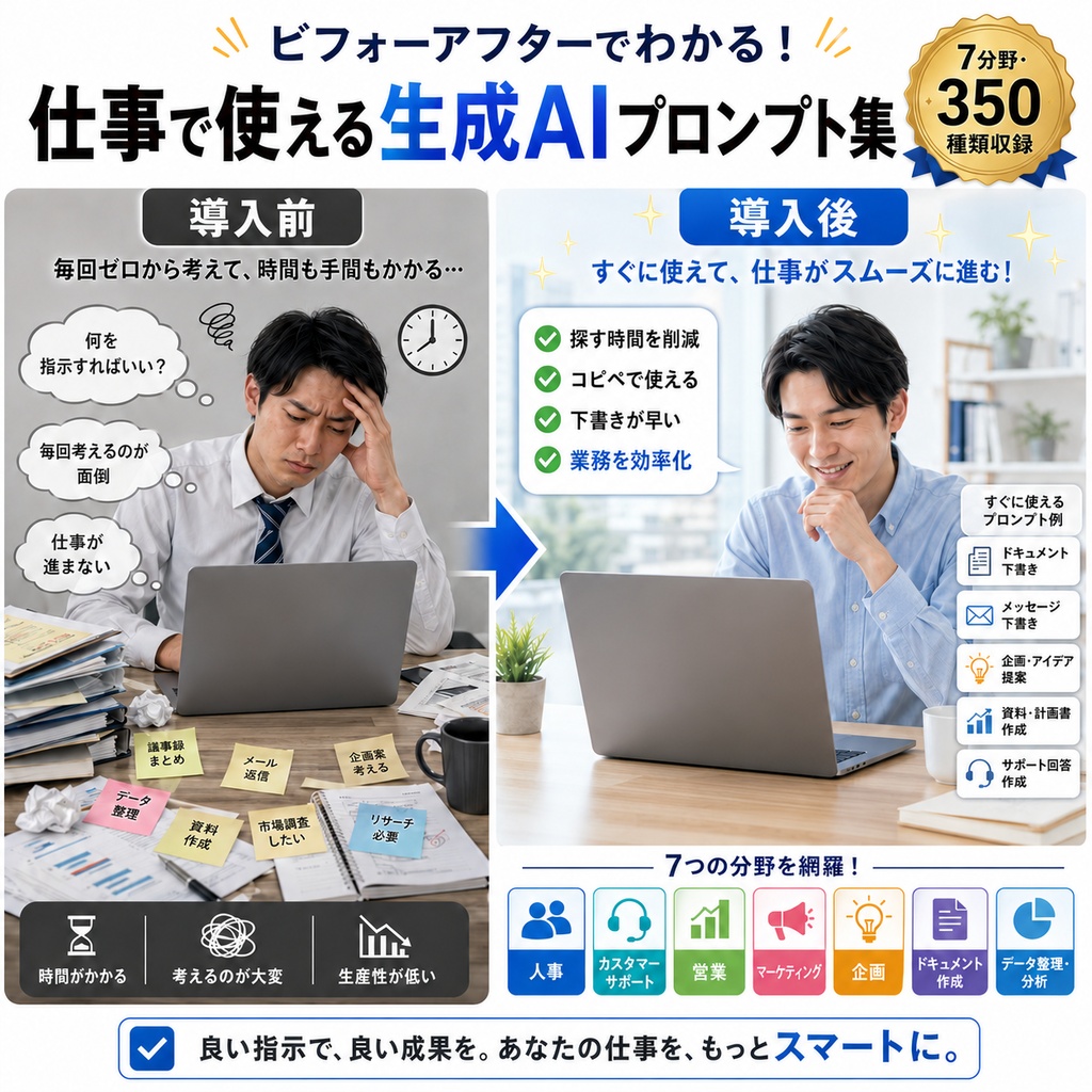 業務別AIプロンプト集50選|営業・マーケティング・人事・サポートなど7種類【Excel+使い方PDF】