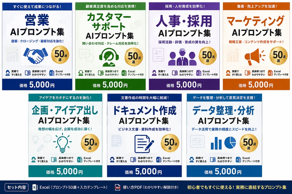 業務別AIプロンプト集50選|営業・マーケティング・人事・サポートなど7種類【Excel+使い方PDF】