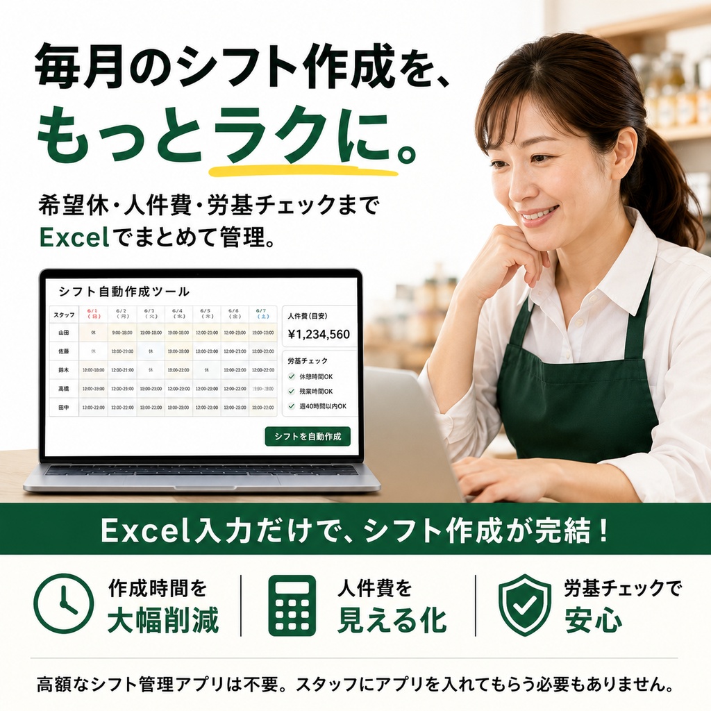 Excelに書くだけで人件費も労基チェックも一発のシフト自動作成ツール